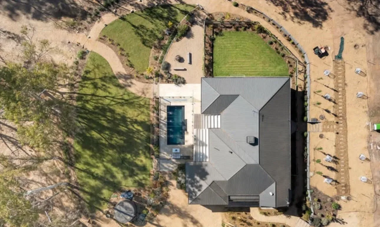 Aerial view of completed property landscaping